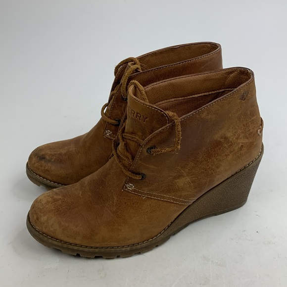 Sperry Wedge Heel leather Booties Boots Size 8.5 Light Brown Leather laces - Picture 3 of 14